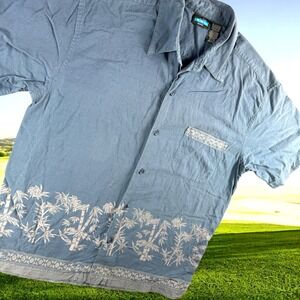 Kavu Bamboo Print Shirt Mens M Blue Short Sleeve Button Up Tropical Gorpcore
